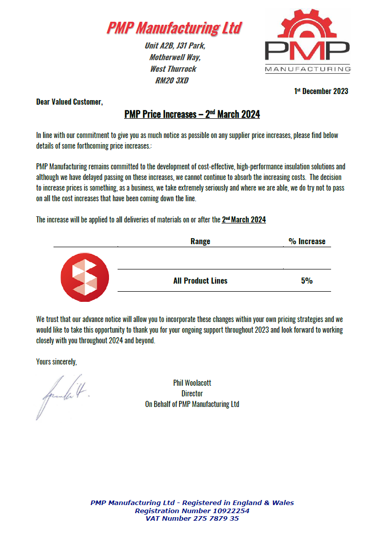 PMP Price Increases – 2nd March 2024